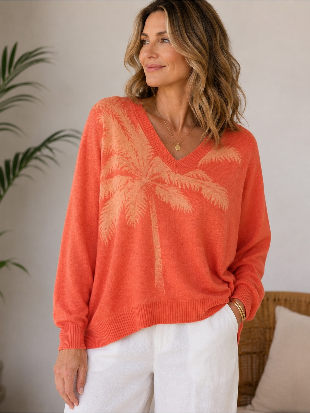 Tommy Bahama Cashmere Blend Palm Tree V-Neck Sweater Coral XL